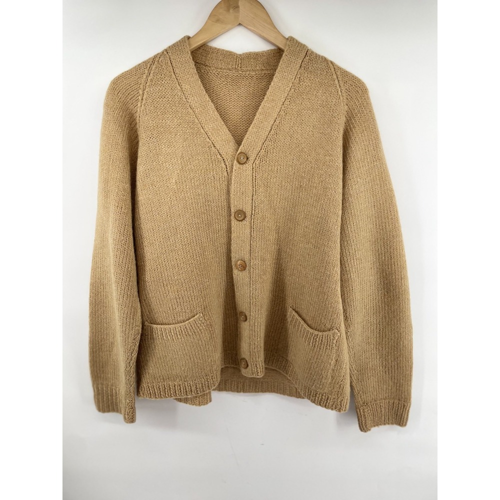 Vintage Handmade Knit Wool Cardigan Women M/L Camel Tan Cozy Basic Layers